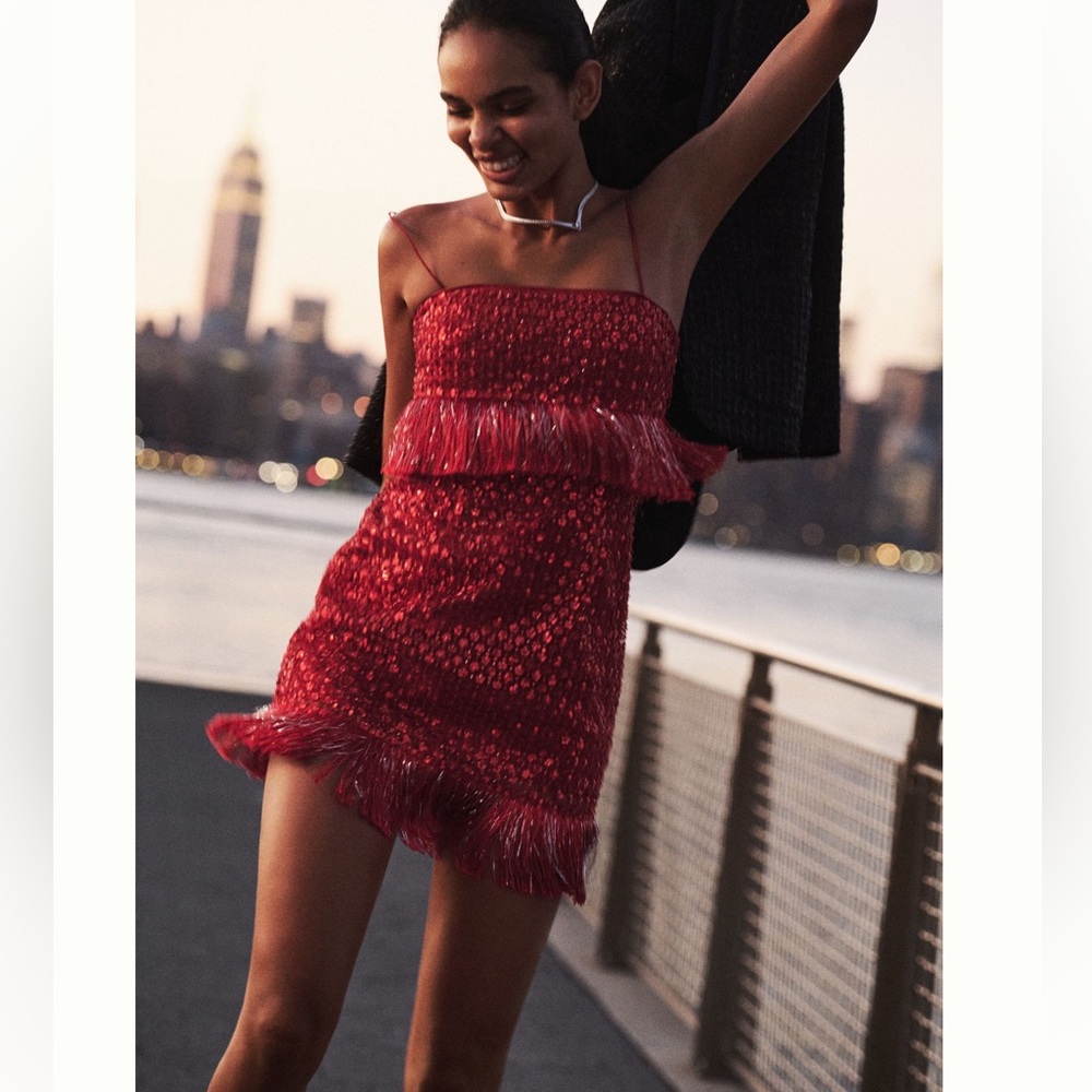 Nwt saylor Anthropologie fringe Red Sequin Spaghetti Strap Mini Dress